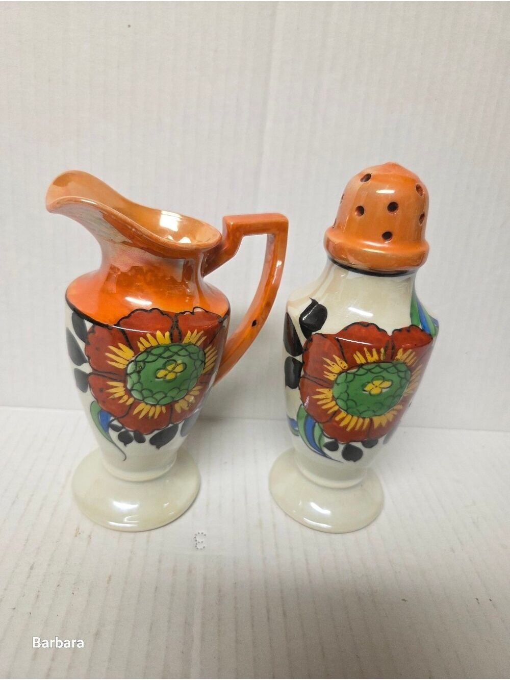 Vintage 30s/40s Japanese Art Deco Porcelain Lusterware Floral Muffineer Set
